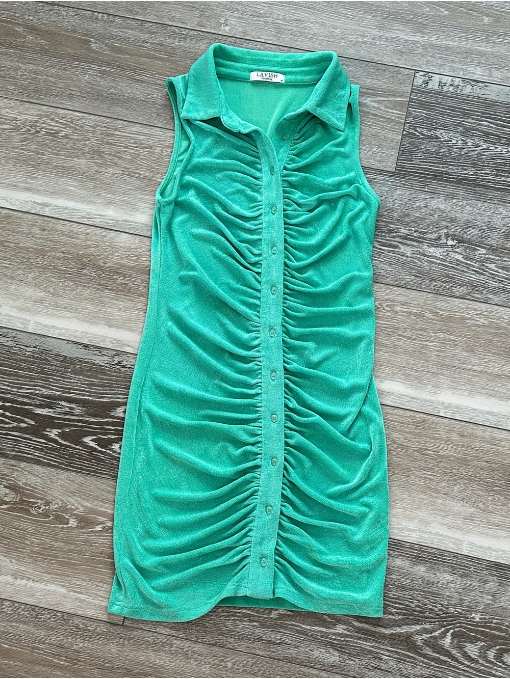 Lavish Tuscaloosa Sz M Green Ruched Knit Dress Sleeveless Cute & Comfy